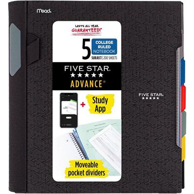 Mead College Ruled Subject Notebooks - 200 Pages - Spiral - 11" Height x 10.2" Width - Assorted Plastic Cover - Tab, Divider, Durable, Subject, Snag Resistant, Expandable Pocket, Pen Loop - 1 Each