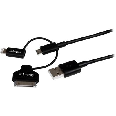 StarTech.com Lightning/30-pin Dock/Micro USB to USB Combo Cable - 3.28 ft Lightning/Proprietary/USB Data Transfer Cable for iPhone, iPad, iPod, Tablet - First End: 1 x 8-pin Lightning - Male, 1 x 30-pin Apple Dock - Male, 1 x 5-pin Micro USB 2.0 Type