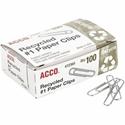 ACCO Recycled Paper Clips - No. 1 - 1.3" Length - 10 Sheet Capacity - Durable, Reusable - Silver - Metal - 100/Box - 10 / Pack