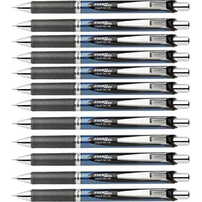 EnerGel EnerGel RTX Liquid Gel Pen - 0.7 mm Medium Needle Pen Point - Refillable - Retractable - Black Ink - Gel-based - Black, Stainless Steel, Blue Barrel - Metal Tip - 1 Dozen
