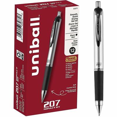 uniball™ 207 Impact RT Gel Pens - 1 mm Bold Pen Point - Refillable - Retractable - Black Ink - Gel-based - Metallic Barrel - 1 Dozen