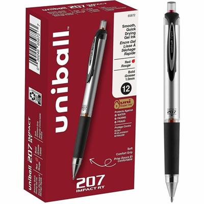 uniball™ 207 Impact RT Gel Pens - 1 mm Bold Pen Point - Refillable - Retractable - Red Ink - Gel-based - Metallic Barrel - 1 Dozen