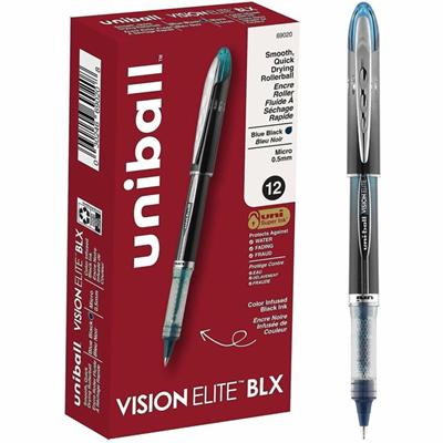 uniball™ Vision Elite BLX Rollerball Pen - 0.5 mm Micro Pen Point - Black/Blue Ink - Pigment-based - 1 Dozen