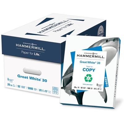 Hammermill Great White Recycled Copy Paper - White - 92 Brightness - Letter - 8 1/2" x 11" - 20 lb Basis Weight - Acid-free, Archival-safe, Jam-free - White - 500 Sheets per Ream - 40 / Pallet