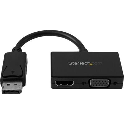 StarTech.com Travel A/V Adapter: 2-in-1 DisplayPort to HDMI or VGA - 1 x 20-pin DisplayPort 1.2 Digital Audio/Video - Male - 1 x 15-pin HD-15 - Female, 1 x 19-pin HDMI 1.4 Digital Audio/Video - Female - Black - 1 Each
