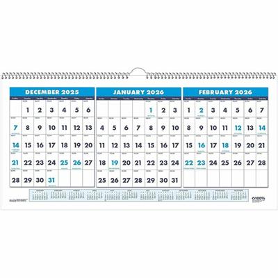 House of Doolittle 3-month Horizontal Wall Calendar - Julian Dates - Monthly - 14 Month - December 2025 to January 2027 - 1.13" x 1" Block - Wire Bound - Blue - 8" Height x 17" Width - Reference Calendar, Eyelet - 1 Each