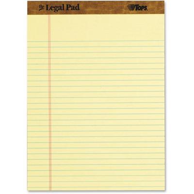 TOPS Legal Ruled Writing Pads - 50 Sheets - Stitched - Legal Ruled Front Ruling - 0.34" Ruled - Ruled Margin - 16 lb Basis Weight - 8 1/2" x 11 3/4" Sheet Size - 0.60" Height x 11.8" Width x 8.5" Length - Canary Paper - Perforated, Chipboard Backing,