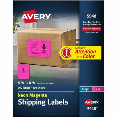 Avery&reg; Neon Shipping Labels, 5-1/2" x 8-1/2" , 200 Labels (5948) - x 5 1/2" Width x 8 1/2" Length - Half Sheet - Permanent Adhesive - Rectangle - Laser - Neon Magenta - Paper - Permanent Adhesive, Stick & Stay, Smudge Resistant - 2 / Sheet - 100 