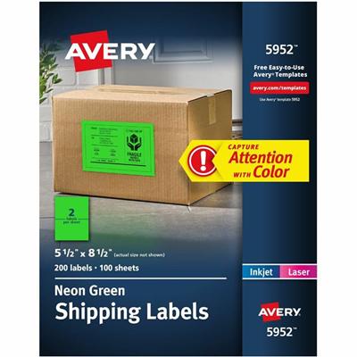 Avery&reg; Neon Shipping Labels, 5-1/2" x 8-1/2" , 200 Labels (5952) - x 5 1/2" Width x 8 1/2" Length - Permanent Adhesive - Rectangle - Laser, Inkjet - Matte - Neon Green - Paper - Stick & Stay, Smudge Resistant, Curl Resistant, Peeling Resistant - 