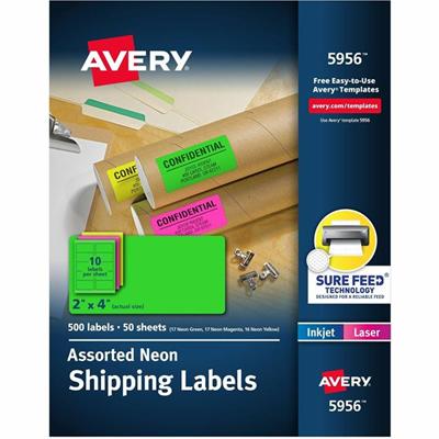 Avery&reg; 2"x 4" Neon Shipping Labels with Sure Feed, 500 Labels (5956) - x 2" Width x 4" Length - Permanent Adhesive - Rectangle - Inkjet, Laser - Matte - Neon Green, Neon Yellow, Neon Magenta - Paper - Jam Resistant, Stick & Stay, Smudge Resistant