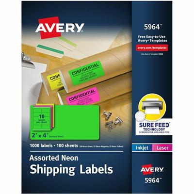 Avery&reg; 2"x 4" Neon Shipping Labels with Sure Feed, 1,000 Labels (5964) - 2" Width x 4" Length - Permanent Adhesive - Rectangle - Inkjet, Laser - Neon Magenta, Neon Green, Neon Yellow - Paper - Permanent Adhesive, Jam Resistant, Stick & Stay, Smud