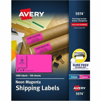Avery&reg; 2" x 4" Neon Shipping Labels with Sure Feed, 1,000 Labels (5974) - x 2" Width x 4" Length - Permanent Adhesive - Rectangle - Inkjet, Laser - Matte - Neon Magenta - Paper - Jam Resistant, Stick & Stay, Smudge Resistant, Curl Resistant, Peel