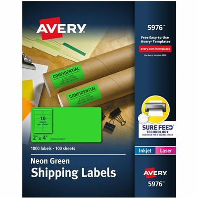 Avery&reg; 2"x 4" Neon Shipping Labels with Sure Feed, 1,000 Labels (5976) - x 2" Width x 4" Length - Permanent Adhesive - Rectangle - Inkjet, Laser - Matte - Neon Green - Paper - Jam Resistant, Stick & Stay, Smudge Resistant, Curl Resistant, Peeling