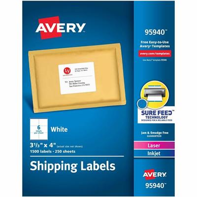Avery&reg; Shipping Labels, Sure Feed, 3-1/3" x 4" , 1,500 Labels (95940) - 3 21/64" Width x 4" Length - Permanent Adhesive - Rectangle - Inkjet, Laser - Matte White - Matte - Paper - Permanent Adhesive, Jam Resistant, Smudge-free - 6 / Sheet - 6 Tot