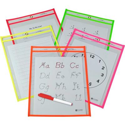 C-Line Reusable Dry Erase Pockets, Assorted, 9 x 12, 25/BX - Neon Red, Neon Orange, Neon Yellow, Neon Green, Neon Pink Frame - Rectangle - Reusable, Heavyweight, Eyelet, Easy to Clean - 25 / Box