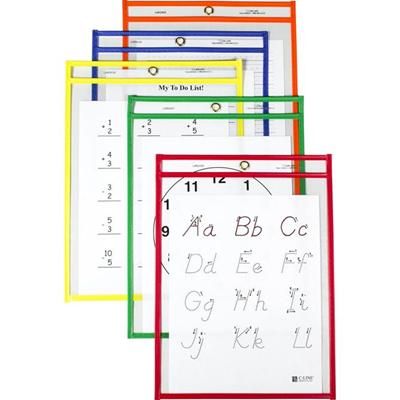 C-Line Reusable Dry Erase Pockets- Assorted Primary Colors - 9" x 12" - Red, Orange, Yellow, Green, Blue Frame - Rectangle - Reusable, Heavyweight, Easy to Clean, Eyelet - 1 Box