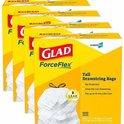 Glad ForceFlex Tall Kitchen Drawstring Trash Bags - 13 gal Capacity - 27" Length x 24" Width - Drawstring Closure - White - Plastic - Kitchen, Office, Day Care, Restaurant, School - 100/Box - 4 / Carton