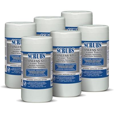SCRUBS Stainless Steel Cleaner Wipes - For Stainless Steel, Aluminum, Copper, Brass, Chrome - Citrus Scent - 10.50" Length x 9.75" Width - Recommended For: Water Mark Remover, Spot Remover, Film Remover, Fingerprint Remover, Grease Remover - Corrosio