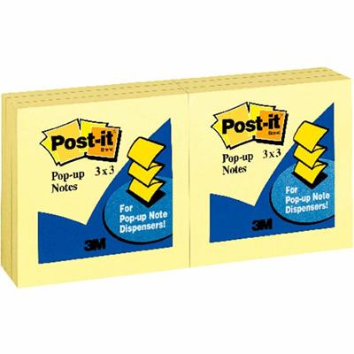 Post-it&reg; Pop-up Notes - 3" Flag/Note Width x 3" Flag/Note Length - Square - 100 Sheets per Pad - Unruled - Canary Yellow - Paper - Self-adhesive, Repositionable - 12 / Pack