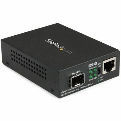 StarTech.com Gigabit Ethernet Fiber Media Converter with Open SFP Slot - 1 x Network (RJ-45) - Multi-mode, Single-mode - Gigabit Ethernet - 10Base-T, 1000Base-SX, 1000Base-LX, 100Base-TX, 1000Base-T - 1 x Expansion Slots - SFP - 1 x SFP Slots - AC Ad