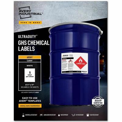 Avery&reg; UltraDuty™ GHS Chemical Labels 8½" x 11" , for Laser Printers - 8 1/2" Width x 11" Length - Permanent Adhesive - Rectangle - Laser - Matte - White - Film - Water Resistant - Permanent Adhesive, Chemical Resistant, Abrasion Resistant,