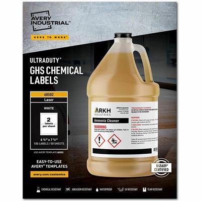 Avery&reg; UltraDuty™ GHS Chemical Labels 4¾" x 7¾" , Permanent Adhesive, for Laser Printers - 4 3/4" Width x 7 3/4" Length - Permanent Adhesive - Rectangle - Laser - Matte - White - Film - Water Resistant - Permanent Adhesive, Chemical Resista