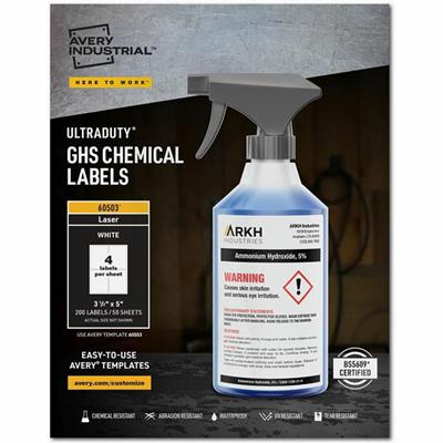 Avery&reg; UltraDuty™ GHS Chemical Labels 3½" x 5" , for Laser Printers - 3 1/2" Width x 5" Length - Permanent Adhesive - Rectangle - Laser - Matte - White - Film - Water Resistant - Permanent Adhesive, Chemical Resistant, Abrasion Resistant, T