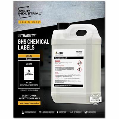 Avery&reg; UltraDuty™ GHS Chemical Labels 4" x 4" , Permanent Adhesive, for Laser Printers - 4" Width x 4" Length - Permanent Adhesive - Rectangle - Laser - Matte - White - Film - Water Resistant - Permanent Adhesive, Chemical Resistant, Abrasi