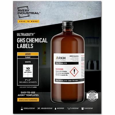 Avery&reg; UltraDuty™ GHS Chemical Labels 2" x 4" , for Laser Printers - 2" Width x 4" Length - Permanent Adhesive - Rectangle - Laser - Matte - White - Film - Water Resistant - Permanent Adhesive, Chemical Resistant, Abrasion Resistant, Temper