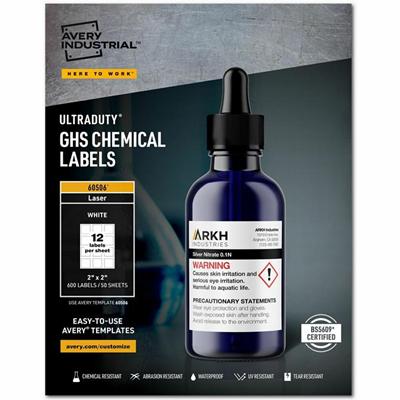 Avery&reg; UltraDuty™ GHS Chemical Labels 2" x 2" , Permanent Adhesive, for Laser Printers - 2" Width x 2" Length - Permanent Adhesive - Rectangle - Laser - Matte - White - Film - Water Resistant - Permanent Adhesive, Chemical Resistant, Abrasi