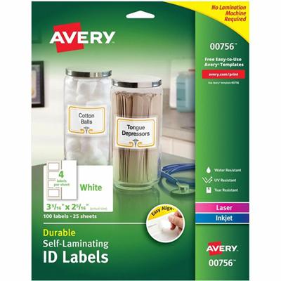 Avery&reg; Easy Align ID Label - 2 5/16" Width x 3 5/16" Length - Permanent Adhesive - Rectangle - Inkjet, Laser - White - Film - 4 / Sheet - 25 Total Sheets - 100 Total Label(s) - 25 / Pack