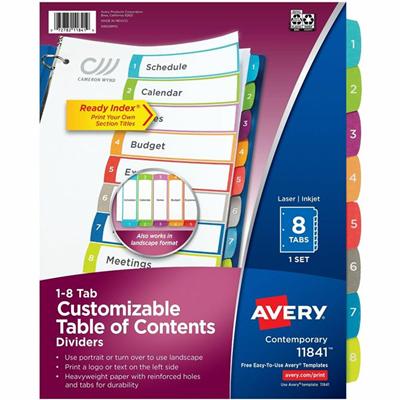 Avery Dividers, 8 Tabs, Ready Index, Multicolor Arched Tabs (11841) - 8 x Divider(s) - 8 Printed Tab(s) - Digit - 1-8 - 8 Tab(s)/Set - 8.5" Divider Width x 11" Divider Length - Letter - 8.50" Width x 11" Length - 3 Hole Punched - White Paper Divider 