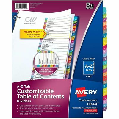 Avery A-Z Dividers, 26 Tabs, Ready Index, Arched Tabs (11844) - 26 x Divider(s) - 26 Printed Tab(s) - Alphabet - A-Z - 26 Tab(s)/Set - 8.5" Divider Width x 11" Divider Length - Letter - 8.50" Width x 11" Length - 3 Hole Punched - White Paper Divider 