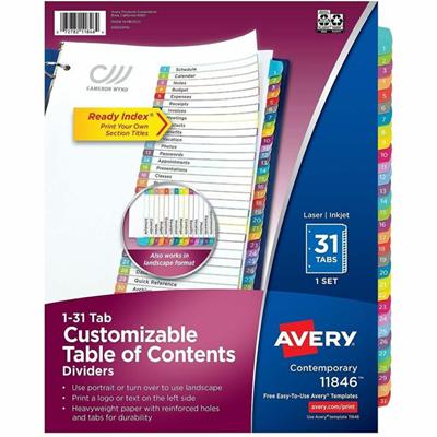 Avery 1-31 Dividers, 31 Tabs, Ready Index, Arched Tabs (11846) - 31 x Divider(s) - 31 Tab(s) - Digit - 1-31 - 31 Tab(s)/Set - 8.5" Divider Width x 11" Divider Length - 3 Hole Punched - White Paper Divider - Multicolor Paper Tab(s) - Hole-punched, Pri