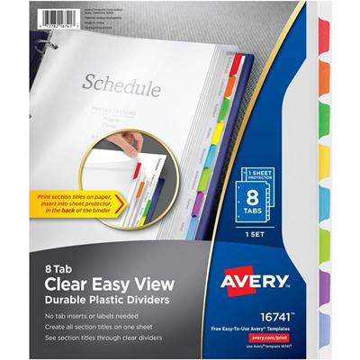 Avery&reg; Clear Easy View Durable Plastic Dividers 8 tabs, 1 set - 8 x Divider(s) - 8 - 8 Tab(s)/Set - 8.5" Divider Width x 11" Divider Length - 3 Hole Punched - Clear Plastic Divider - Multicolor Plastic Tab(s) - 8 / Set