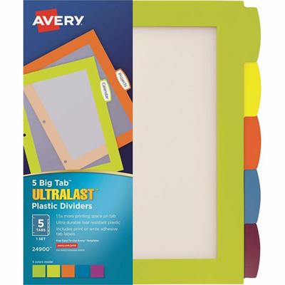 Avery&reg; Big Tab™ UltraLast™ Plastic Dividers for Laser and Inkjet Printers, 5 tabs - 5 x Divider(s) - 5 Write-on Tab(s) - 5 - 5 Tab(s)/Set - 8.5" Divider Width x 11" Divider Length - 3 Hole Punched - Multicolor Plastic Divider - Multic