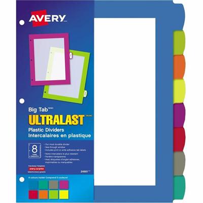 Avery&reg; Big Tab™ UltraLast™ Plastic Dividers for Laser and Inkjet Printers, 8 tabs - 8 x Divider(s) - 8 Write-on Tab(s) - 8 - 8 Tab(s)/Set - 8.5" Divider Width x 11" Divider Length - 3 Hole Punched - Multicolor Plastic Divider - Multic