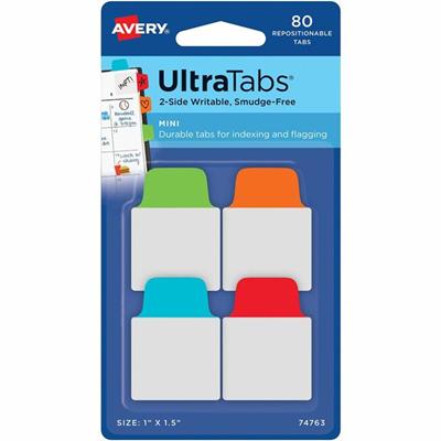Avery&reg; Mini Ultra Tabs - 80 Tab(s) - 1.50" Tab Height x 1" Tab Width - Red Film, Clear Paper, Blue, Orange, Green Tab(s) - 80 / Pack