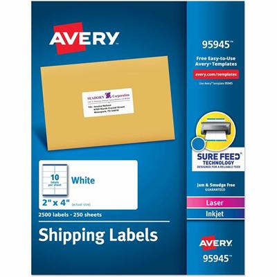 Avery&reg; Shipping Labels, Sure Feed, 2"x4" , 2500 Glossy Labels (95945) - 2" Width x 4" Length - Permanent Adhesive - Rectangle - Inkjet, Laser - Matte White - Matte - Paper - Permanent Adhesive, Jam Resistant, Customizable, Peel-off - 10 / Sheet -