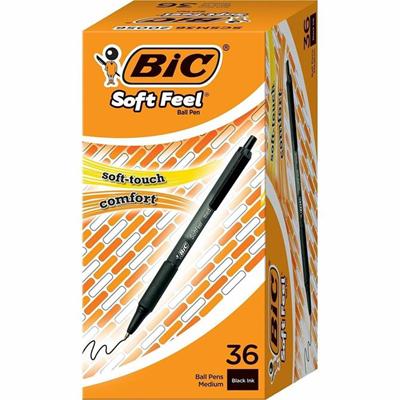 BIC SoftFeel Retractable Ball Pens - 1 mm Medium Pen Point - Retractable - Black Ink - Black Barrel - 36 / Box