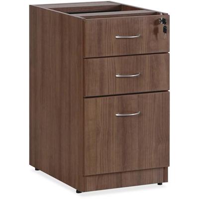 Lorell Essentials Series Box/Box/File Fixed File Cabinet - 28.5" Height x 15.5" Width x 21.9" Depth Pedestal - Total Drawer(s): 3 - Finish: Laminate, Walnut - Built-in Hangrail - For File, File Folder - 1 Each