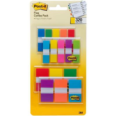 Post-it&reg; Assorted Flag Combo Pack - 320 x Assorted - 1/2" Flag/Note Width, 1" Flag/Note Width - Blue, Green, Yellow, Orange, Red, Pink, Purple - Self-adhesive, Repositionable - Dispenser Included - 320 / Pack