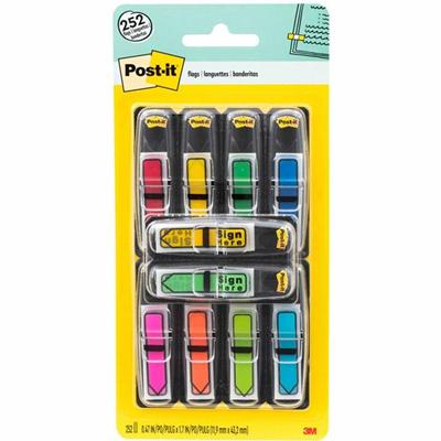 Post-it&reg; Arrow Flags - 1/2" Flag/Note Width - Arrow - Blank and SIGN HERE - Green, Yellow, Blue, Red, Pink - Removable, Self-adhesive, Repositionable - Dispenser Included - 252 / Pack