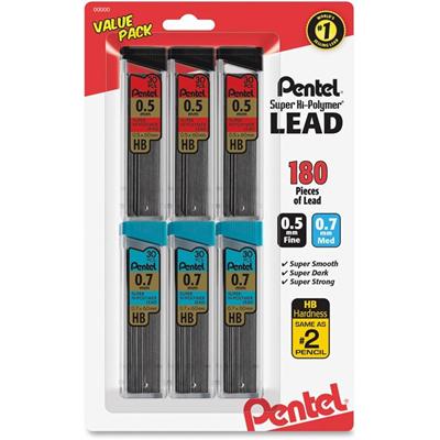 Pentel Super Hi-Polymer Lead Refills Value Pack - 0.5 mm, 0.7 mm - #2 - Black Lead - Break Resistant - 30/Tube - 1 Pack