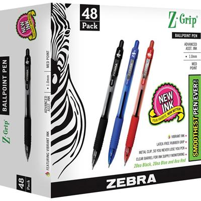 Zebra Pen Z-Grip Retractable Ballpoint Pens - 1 mm Medium Pen Point - Retractable - Assorted Ink - Clear Plastic Barrel - 48 / Pack