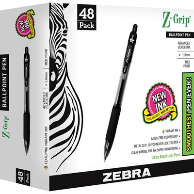 Zebra Z-Grip Retractable Ballpoint Pens - 1 mm Medium Pen Point - Retractable - Black Ink - Clear Plastic Barrel - 48 / Pack