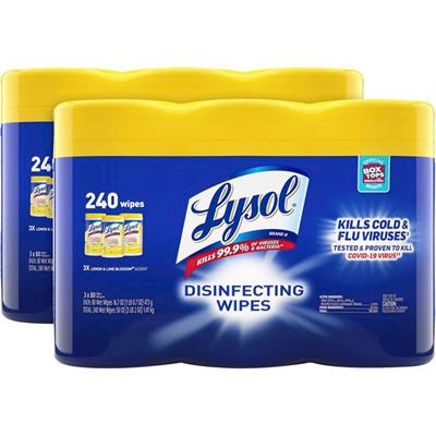 Lysol Lemon/Lime Disinfecting Wipes - For Multi Surface, Multipurpose - Lemon, Lime Blossom Scent - Recommended For: Virus Remover, Bacteria Remover - Pre-moistened, Deodorize, Disinfectant, Anti-bacterial - White - 80/Tub - 2 / Carton