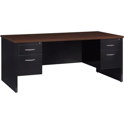 Lorell Fortress Modular Series Double-Pedestal Desk - 72" Width x 36" Depth, x 1.1" Thickness Top - Total Drawer(s): 2 - Double Pedestal - Material: Steel - Finish: Walnut Laminate, Black - Scratch Resistant, Stain Resistant, Ball-bearing Suspension,