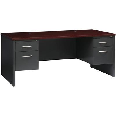 Lorell Fortress Modular Series Double-Pedestal Desk - 72" Width x 36" Depth, x 1.1" Thickness Top - Total Drawer(s): 2 - Double Pedestal - Material: Steel - Finish: Mahogany Laminate, Charcoal - Scratch Resistant, Stain Resistant, Ball-bearing Suspen