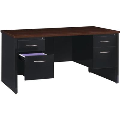 Lorell Fortress Modular Series Double-Pedestal Desk - 60" Width x 30" Depth, x 1.1" Thickness Top - Total Drawer(s): 4 - Double Pedestal - Material: Steel - Finish: Walnut Laminate, Black - Scratch Resistant, Stain Resistant, Ball-bearing Suspension,